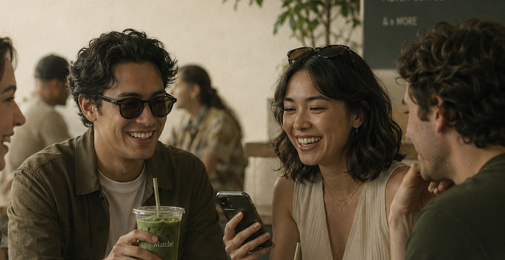Friends laughing over iced matcha at a Dubai café