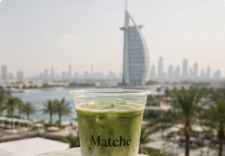 Today's matcha ritual photographed against the Dubai skyline