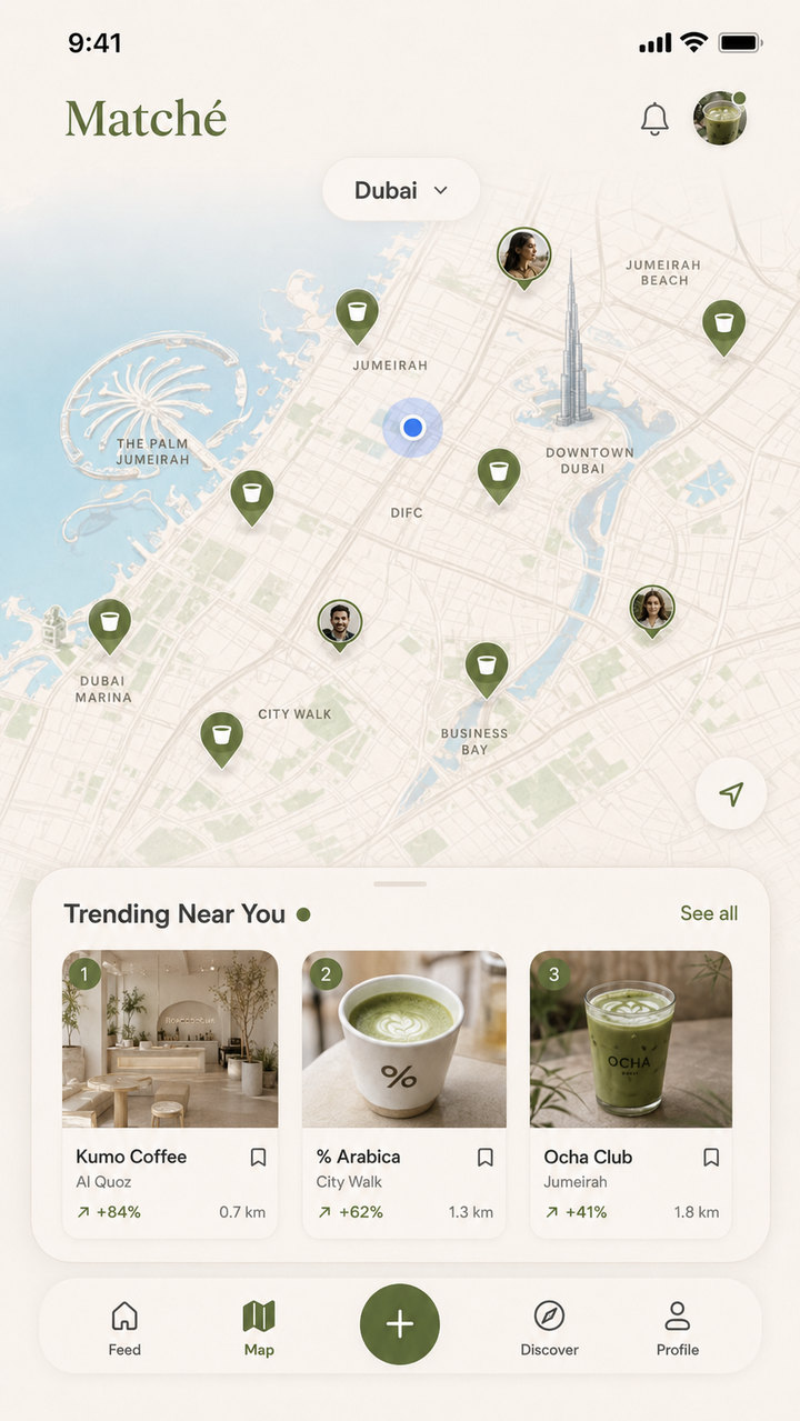 Matché map of Dubai with live café pins