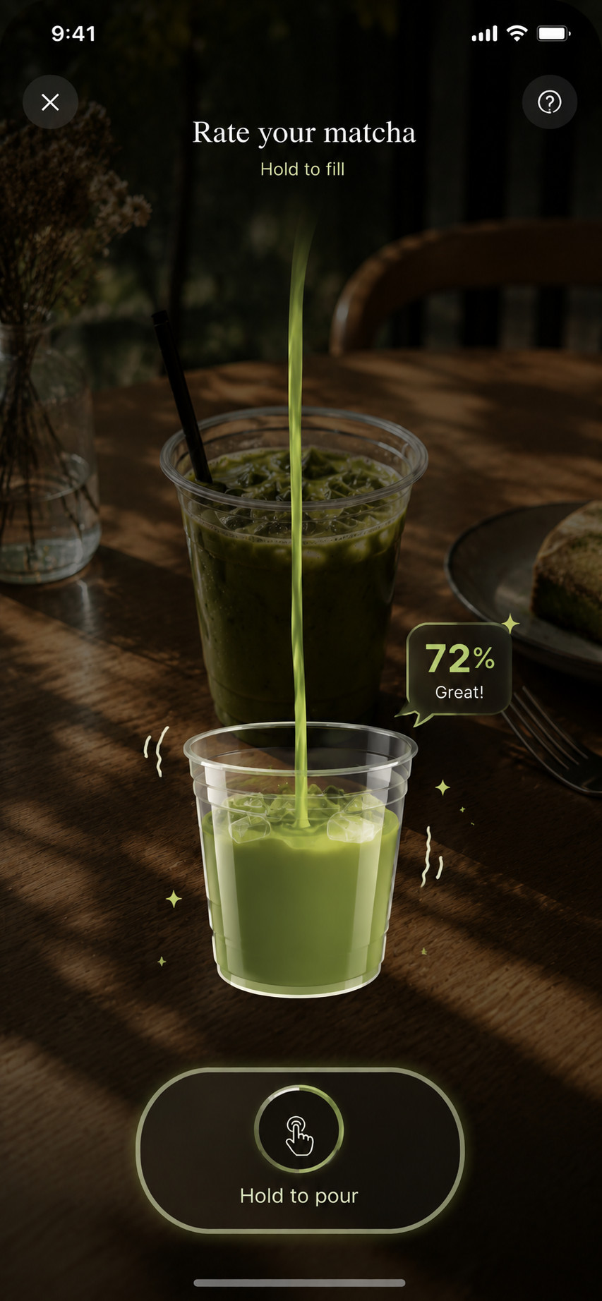 Rate your matcha — hold to pour, shown at 72%