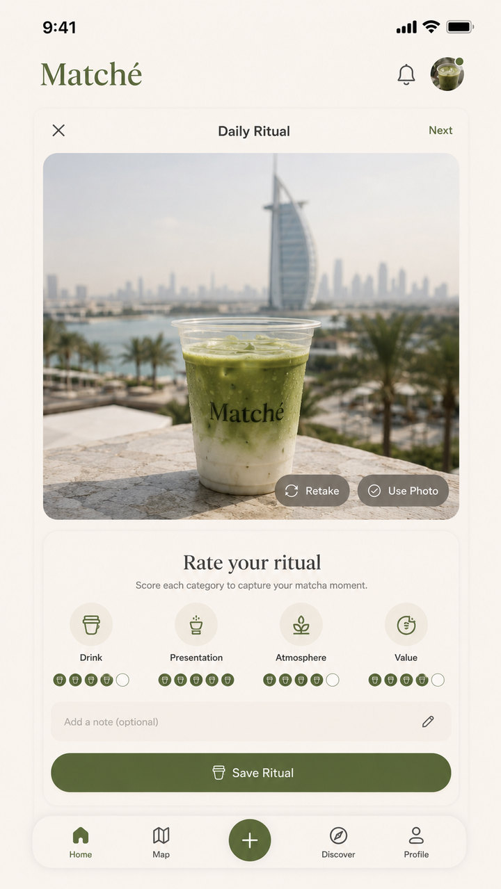 Rate your ritual screen inside the Matché app